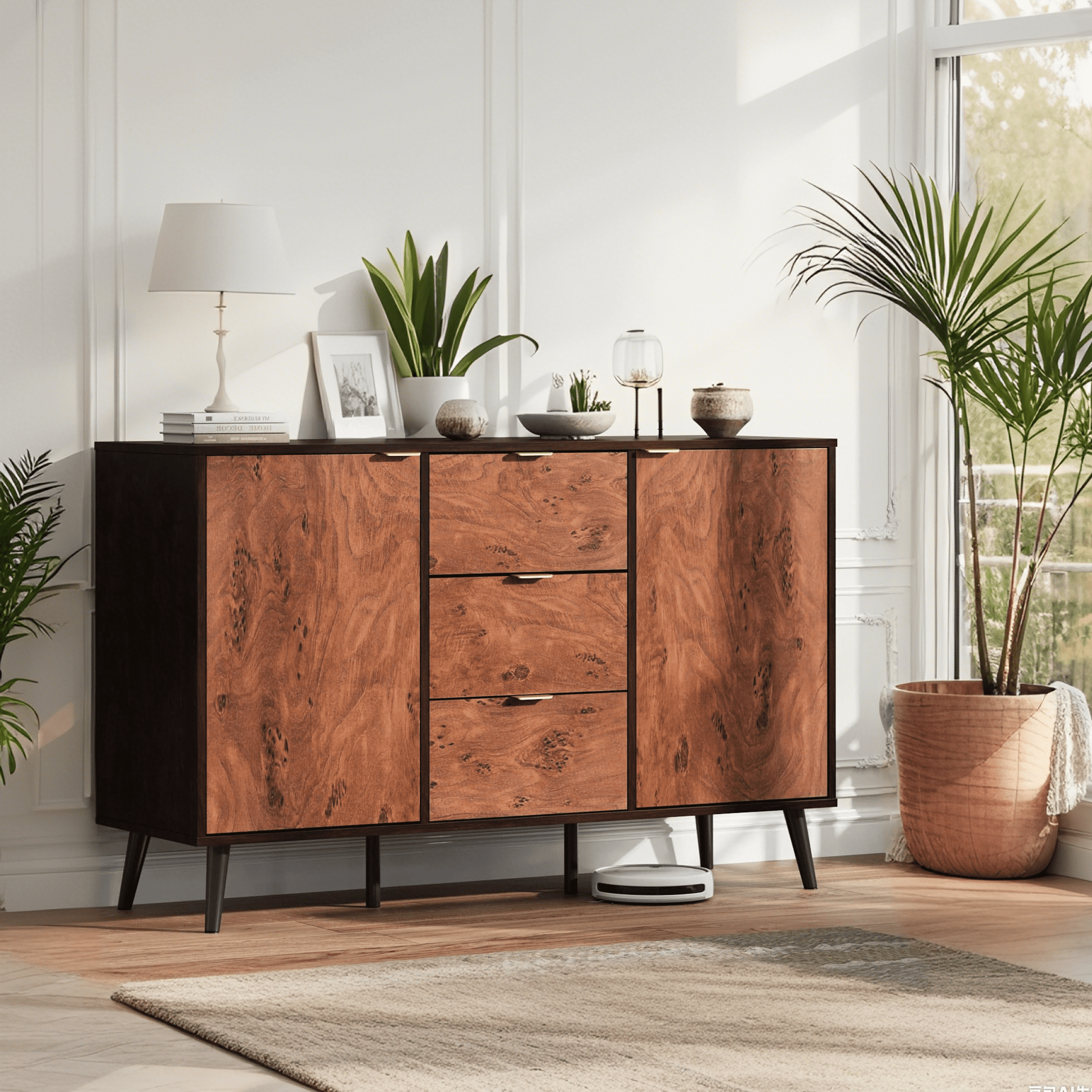 Luku 51" Mid-Century Modern Sideboard Buffet Cabinet, Large Credenza Storage with 3 Drawers, Doors & Shelves, Walnut Finish, Robot Vacuum Friendly, Anti-Tip Safety