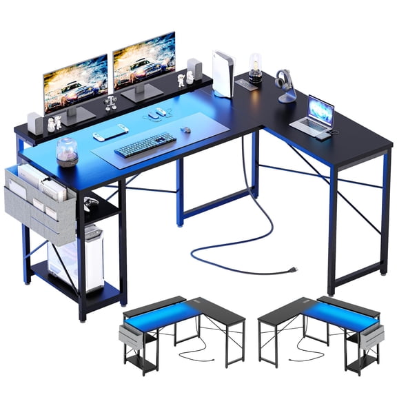 Luku 54 inch Reversible L Shaped Desk, Small Gaming Desk, Corner Computer Desk with Storage Shelves, Power Outlets, Monitor Stand, and LED Lights for Home Office, Bedroom(Black)