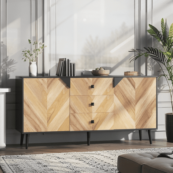 Luku 55" Modern 3 Drawer Storage Cabinet with Adjustable Shelf, Woodgrain Sideboard Buffet with Doors, Free Standing Buffet Table for Dining Room, Entryway