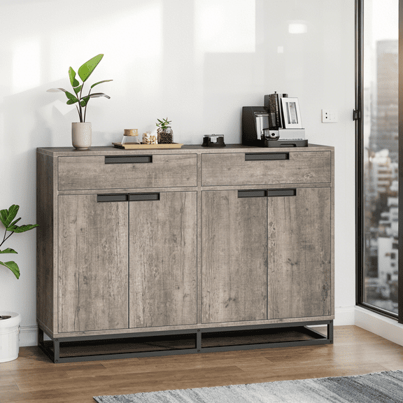 Luku 55" Modern Farmhouse Sideboard Buffet Cabinet with 2 Drawers & 4 Doors, Large Kitchen Storage Coffee Bar Table with Adjustable Shelves for Dining Room