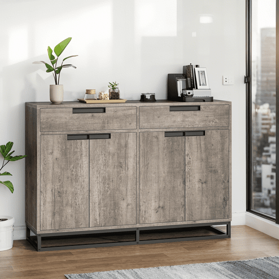 Luku 55" Modern Farmhouse Sideboard Buffet Cabinet with 2 Drawers & 4 Doors, Large Kitchen Storage Coffee Bar Table with Adjustable Shelves for Dining Room