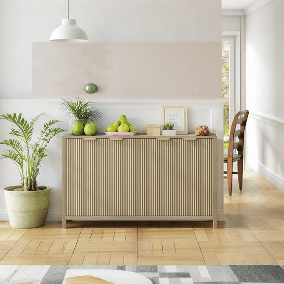 Luku 55" Modern Fluted Sideboard Buffet Cabinet with 4 Doors & Adjustable Shelves, Wood Coffee Bar Buffet Table, Console Cabinet for Kitchen, Dining, or Entryway