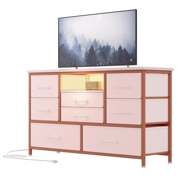 Luku 55'' TV Stand Dresser with Power Outlet & LED Lights - 8 Deep Drawers Storage Cabinet for Bedroom, Wood Top Wide Console Table for Living Room, Entryway
