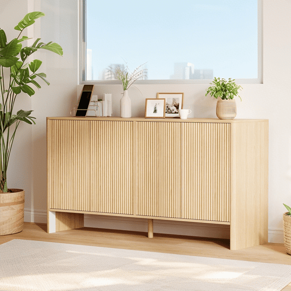 Luku 58" Modern Fluted Sideboard Buffet Cabinet, Farmhouse Buffet Storage Cabinet, Wood Coffee Bar for Kitchen, Dining Room, Living Room