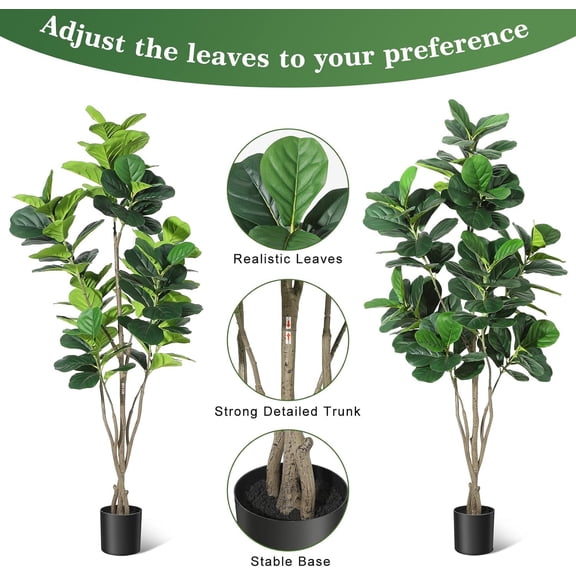 Luku 5FT/6FT Fiddle Leaf Fig Artificial Tree, Faux Floor Plant with Black Pot for Indoor & Outdoor Décor