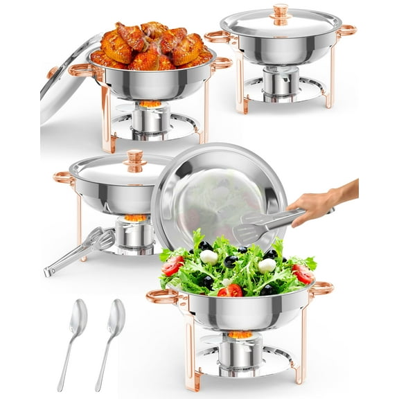 Luku 5QT 4 Packs Chafing Dish Buffet Set, NSF Round Stainless Steel Chafers and Warmers Food Servers Sets with Lid & Lid Holder, Spoon & Tweezer for Catering Events Parties Weddings Dinners