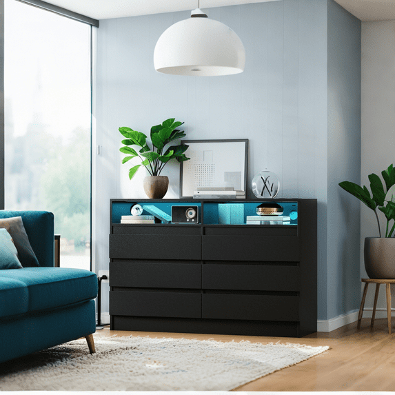 Luku 6 Drawer Double Dresser with Power Outlet, Modern White Chest with RGB LED Light and USB Ports