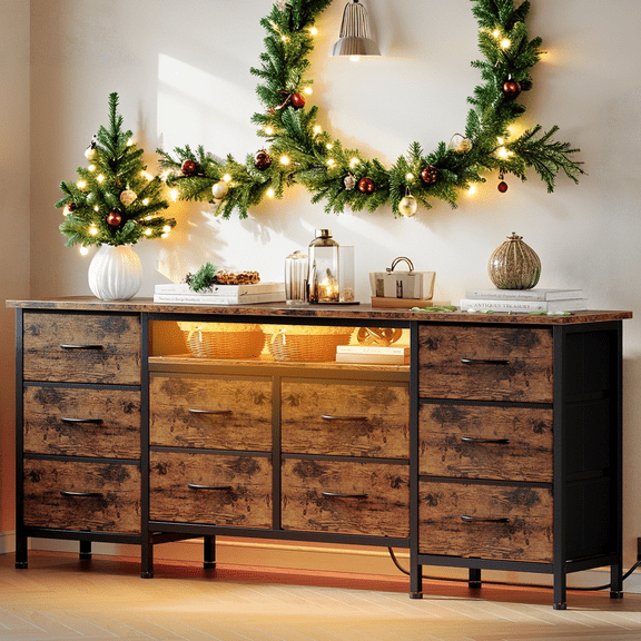 Luku 63" Long Dresser with 10 Fabric Drawers, LED Light & Charging Station, Wide Storage Organizer Cabinet for Bedroom, Closet, Living Room
