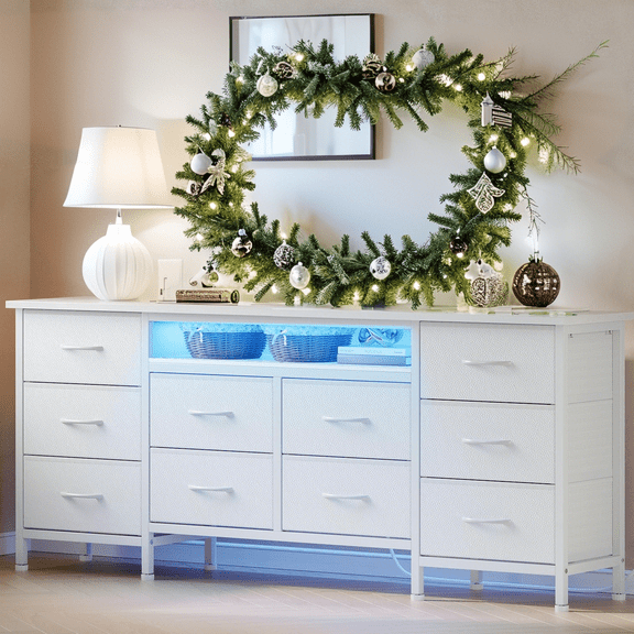 Luku 63" Long Dresser with 10 Fabric Drawers, LED Light & Charging Station, Wide Storage Organizer Cabinet for Bedroom, Closet, Living Room