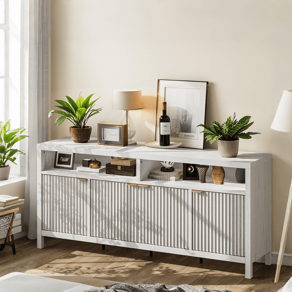 Luku 65.8" Tall Fluted Storage Cabinet with Adjustable 3-Tier Shelves, Gold Handles, Waterproof Modern Farmhouse Organizer for Entryway, Kitchen, Dining Room, or Home Office