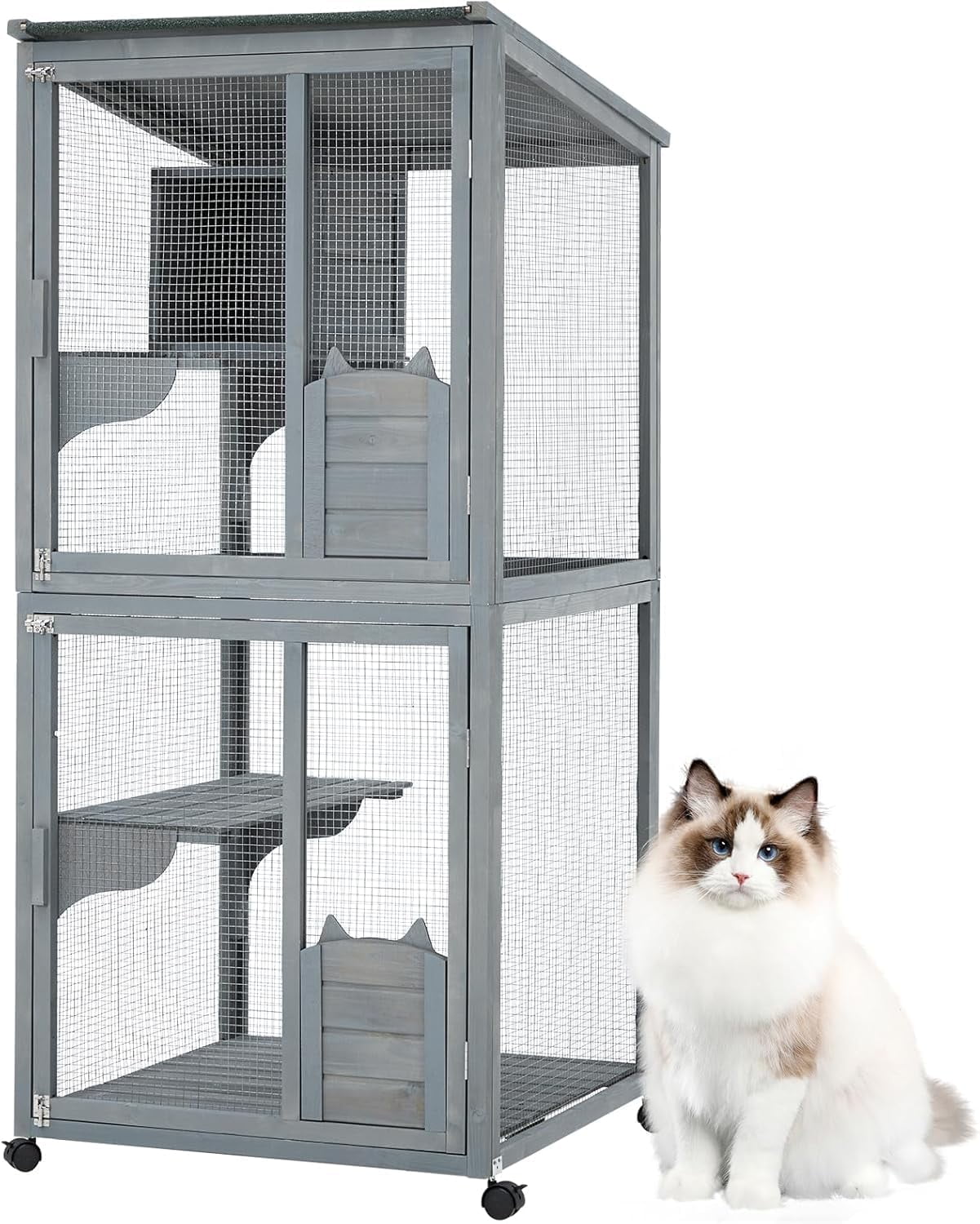 Luku 69-Inch Catio, Wooden Cat Enclosure, 4-Tier Cat House w/Waterproof Roof, Removable Tray, Nesting Box and Lockable Caster, Indoor and Outdoor Use