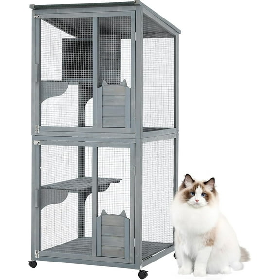 Luku 69-Inch Catio, Wooden Cat Enclosure, 4-Tier Cat House w/Waterproof Roof, Removable Tray, Nesting Box and Lockable Caster, Indoor and Outdoor Use