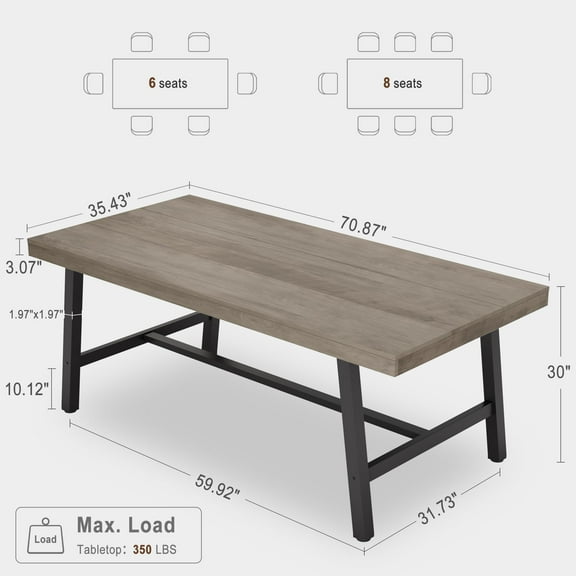 Luku 70.87" Industrial Dining Table, Large Gray Kitchen Table for 6-8, Wooden Top & Metal Frame