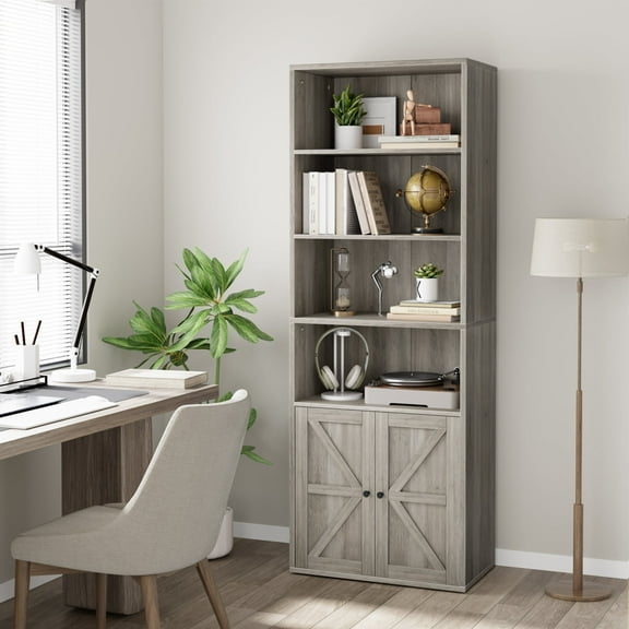 Luku 71.4in Tall Farmhouse Bookcase with Doors - Rustic Wooden 6-Shelf Bookshelf for Storage and Display