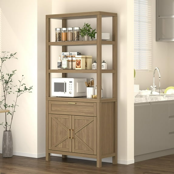 Luku 71" Tall Bookshelf with Doors, 5-Tier Bookcase with Cabinet & Drawer, Farmhouse Wood Display Shelf for Bedroom