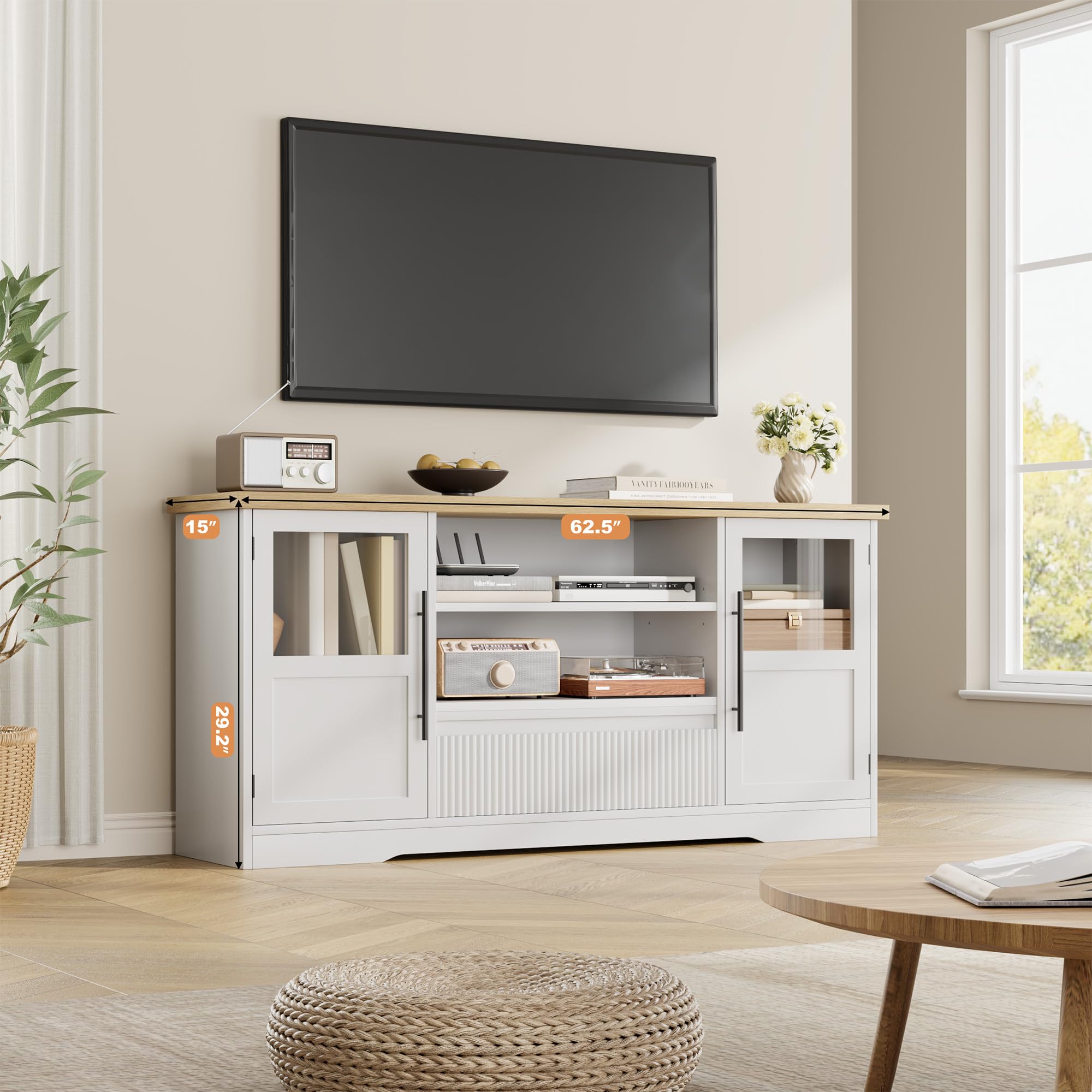 Luku 72" TV Stand, Farmhouse Entertainment Center with Wave Pattern, 2 Glass Door Cabinets & Open Storage