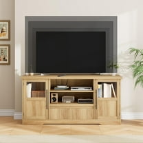 Luku 72" TV Stand, Farmhouse Entertainment Center with Wave Pattern, 2 Glass Door Cabinets & Open Storage
