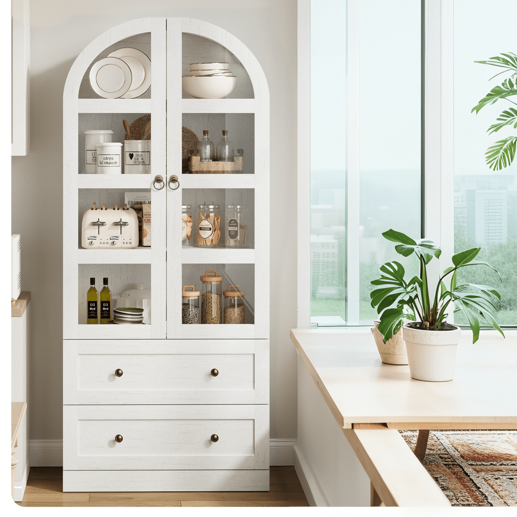 Luku 72" Tall Arched Kitchen Pantry Cabinet, Farmhouse Wood Storage Cabinet with Glass Door, 2 Large Drawers, Freestanding Organizer for Dining Room & Living Room