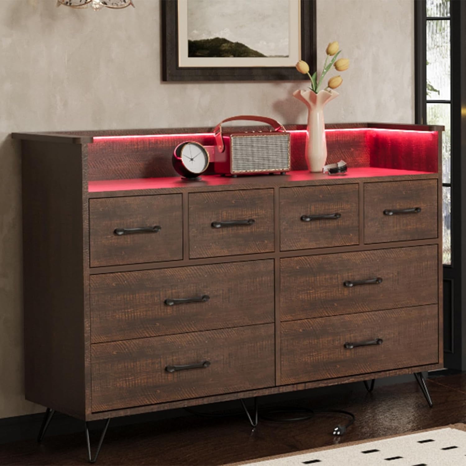 Luku 8-Drawer Dresser with LED Light & Charging Station, Dark  display picture 1