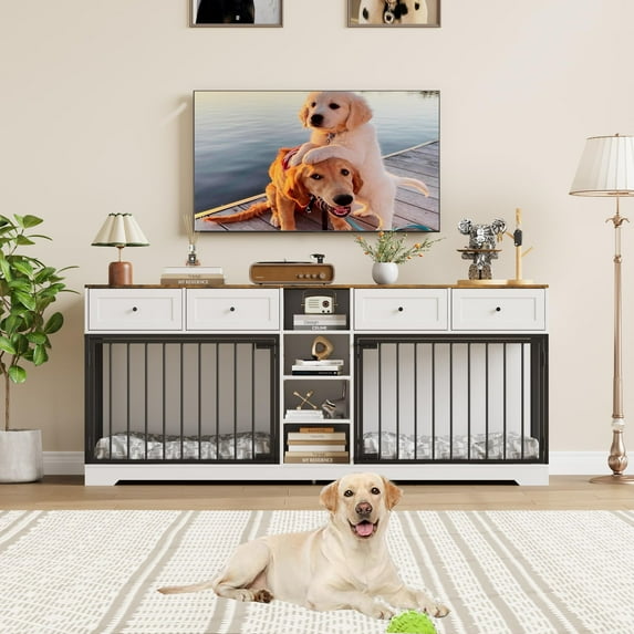 Luku 82" Double Dog Crate Furniture, Indoor Wooden Kennel for 2 Dogs with 4 Drawers, Shelves & TV Stand