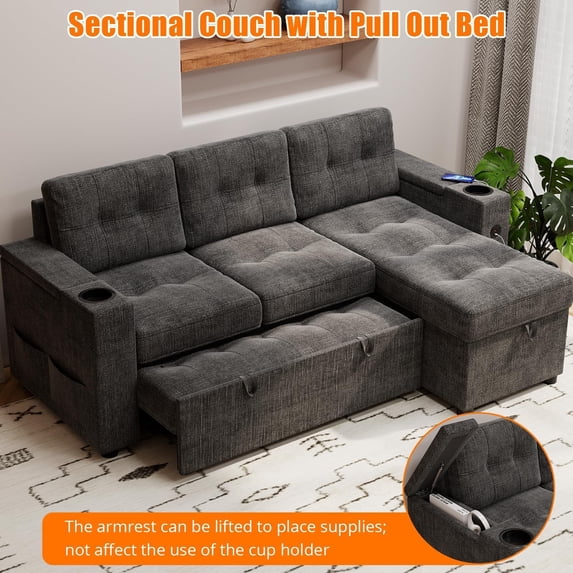 Luku 84" L Shaped Sleeper Sofa Bed with Pull Out Bed, Storage Armrests ...