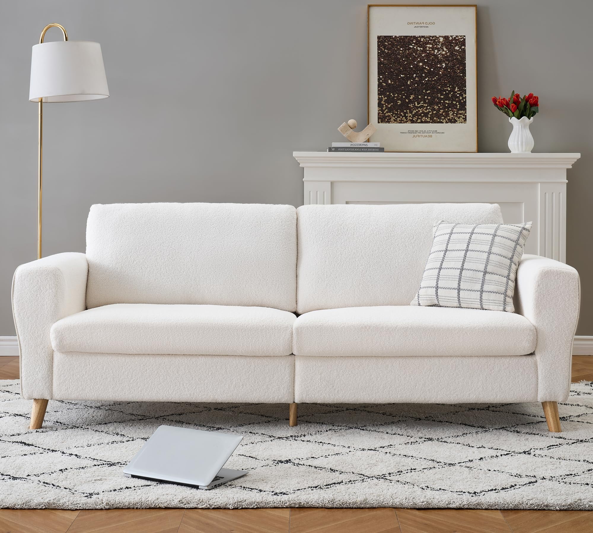 Luku 84" Modern Boucle Sofa Couch, Plush White Loveseat with Streamlined Armrests & Wooden Feet for Living Room