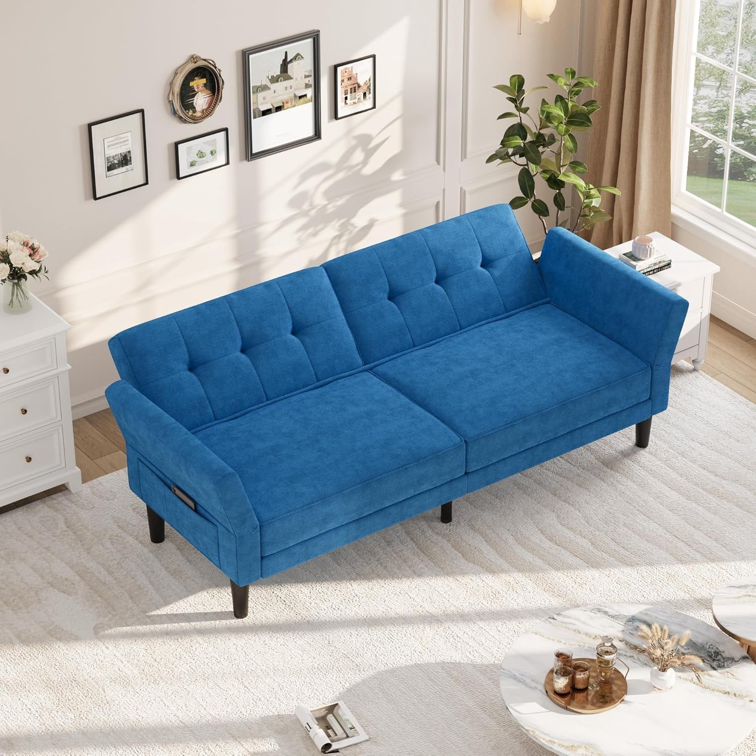 Luku 89" Convertible Futon Sofa Bed, Deep Seat Sleeper Couch with Adjustable Backrest & Armrests