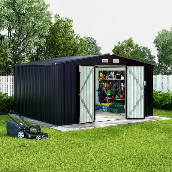 Luku 8x10 FT Metal Outdoor Storage Shed with Lockable Doors, Waterproof Garden Utility Shed & Floor Frame