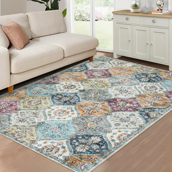 Luku 9ft*12ft Runner Rug Washable Moroccan Trellis Hallway Runner, Non-Slip Stain Resistant Area Rug Vintage Distressed Floral Kitchen Mat Floor Cover Carpet for Doorway Bedside