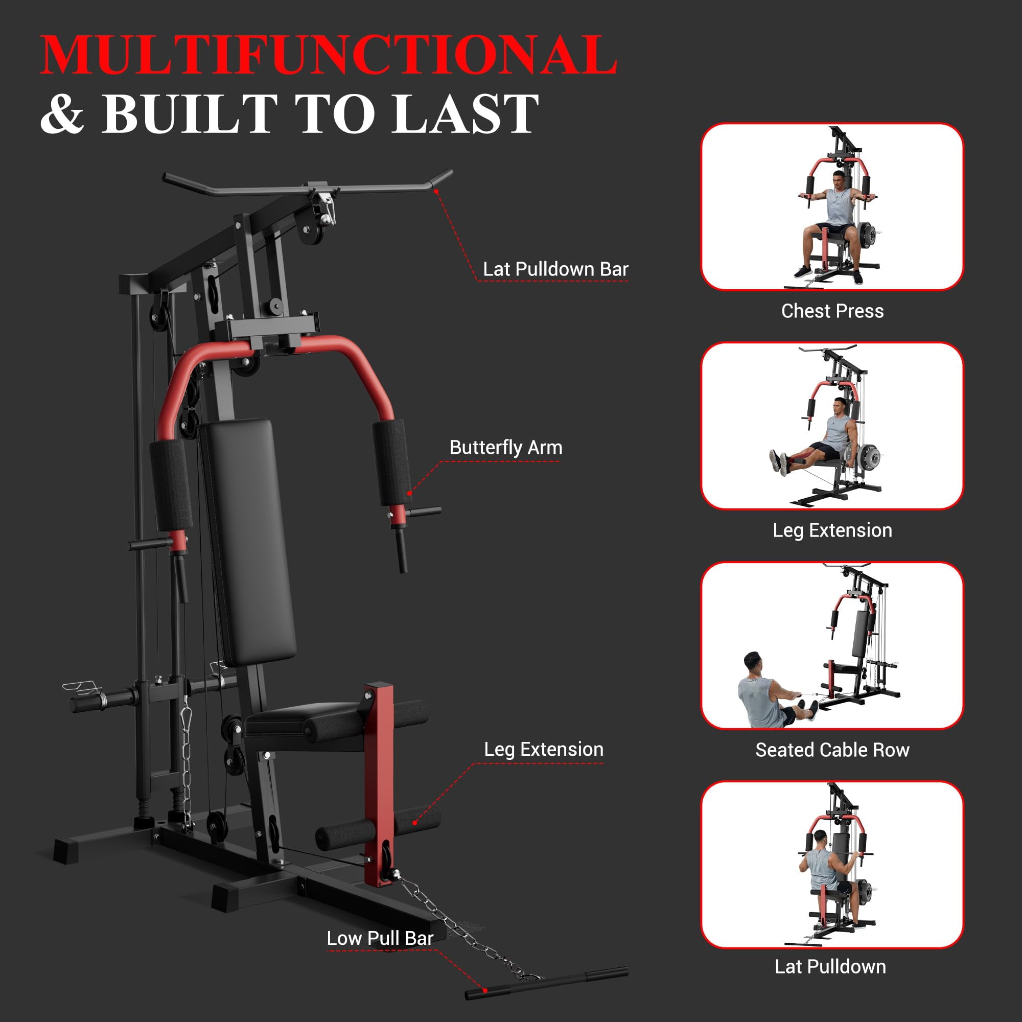 Luku All-in-One Home Gym Equipment, 400 lb Capacity Multifunctional Workout Machine with Pulley System, Red