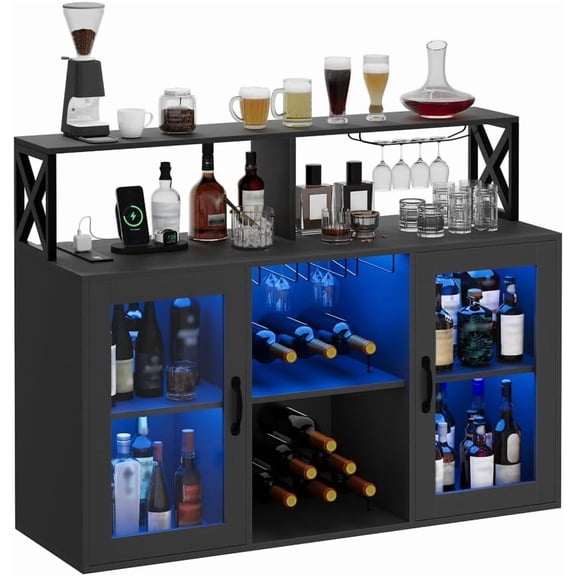 Luku Bar / Liquor Cabinet with Power Outlets Led Lights and Glass Holder, for Home, Kitchen, Black