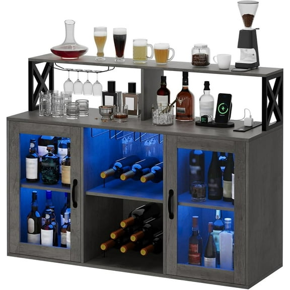 Luku Bar / Liquor Cabinet with Power Outlets Led Lights and Glass Holder, for Home, Kitchen, Gray