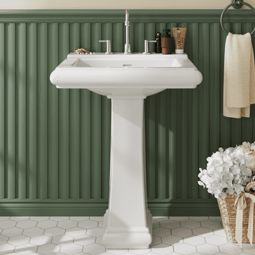 Luku Bathroom Pedestal Sinks, Rectangular Pedestal Sink Modern White Ceramic Pedestal Bathroom Sink Fits 4 in Faucets