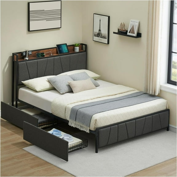 Luku Bed Frame with Storage Headboard and 2 Drawers, Linen Upholstered Platform Bed Frame with Charging Station, Heavy Duty, No Box Spring Needed, Easy Assembly