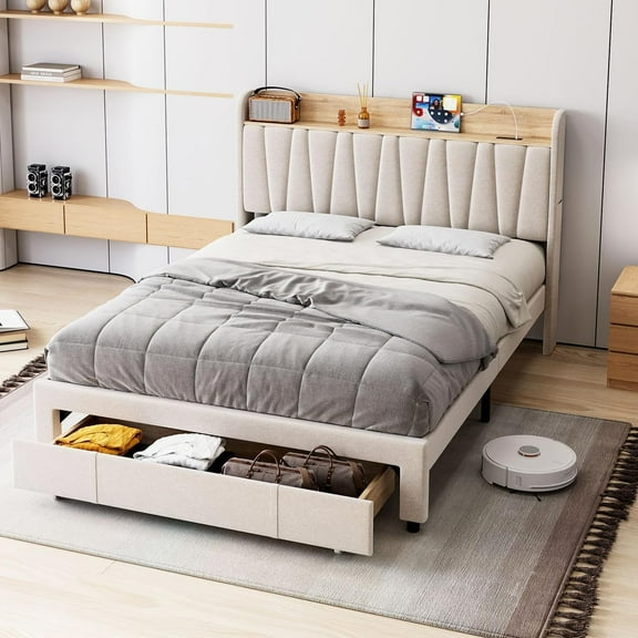 Luku Bed Frame with Storage Headboard and Charging Station, Upholstered Platform Bed Frame with Drawer, Mattress Foundation with Solid Wooden Slats Support, No Box Spring Needed