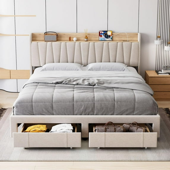 Luku Bed Frame with Storage Headboard and Charging Station, Upholstered Platform Bed Frame with Drawer, Mattress Foundation with Solid Wooden Slats Support, No Box Spring Needed