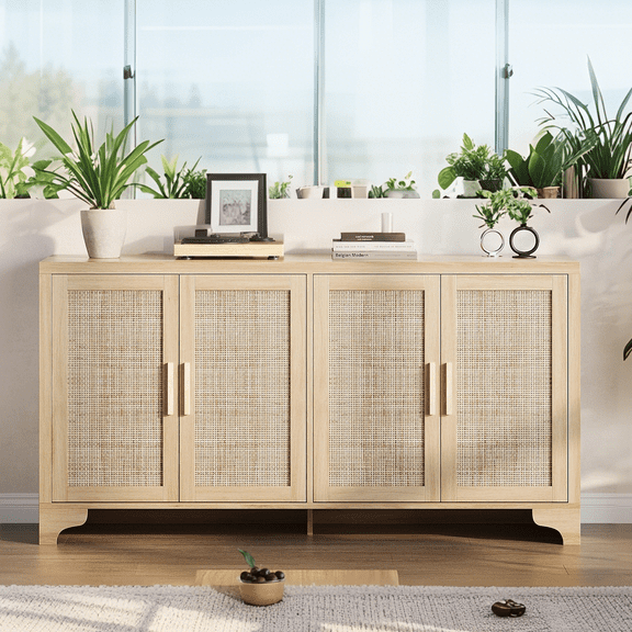 Luku Boho Natural Rattan TV Stand for TVs Up to 70”, Farmhouse Media Console Entertainment Center with Cabinets & Shelves, Storage Living Room Furniture