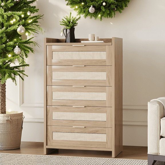 Luku Boho Rattan 5 Drawer Dresser, Tall Oak Chest of Drawers with Wood Handles & Open Shelf, Clothes Storage Cabinet for Bedroom, Hallway, Nursery, Living Room