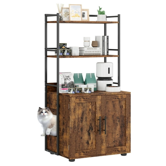 Luku Cat Litter Box Enclosure with Shelf Storage, 2-in-1 Hidden Cat Washroom Furniture, Brown
