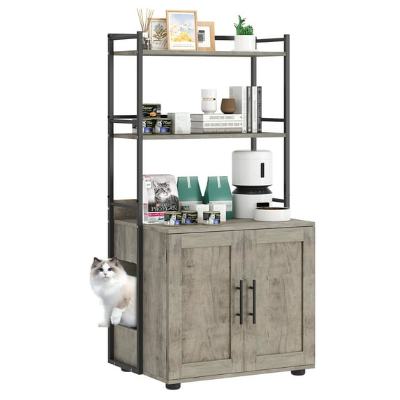 Luku Cat Litter Box Enclosure with Shelf Storage, 2-in-1 Hidden Cat Washroom Furniture, Grey