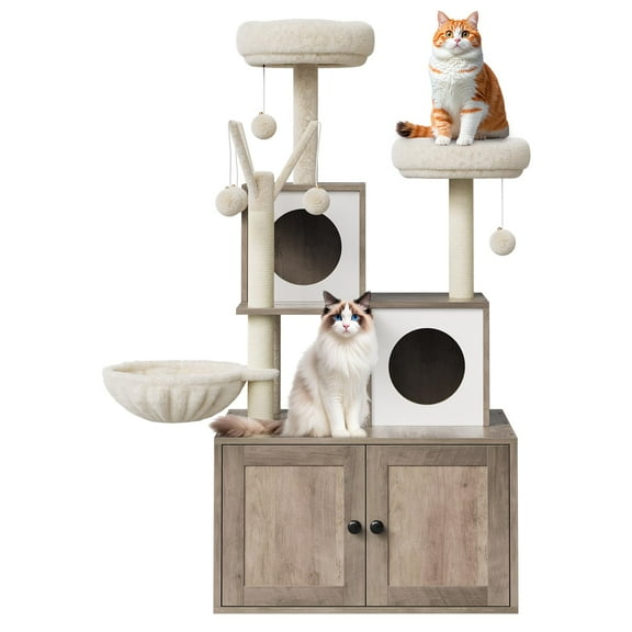 Luku Cat Tree with Litter Box, Cat Litter Box with Sisal Scratcher and Plush Perch, Wooden Pet Furniture with Multiple Platforms