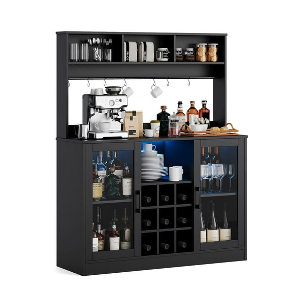 Luku Coffee/Wine/Liquor Bar Cabinet with Power Outlet, Adjustable Shelf for Kitchen, Black