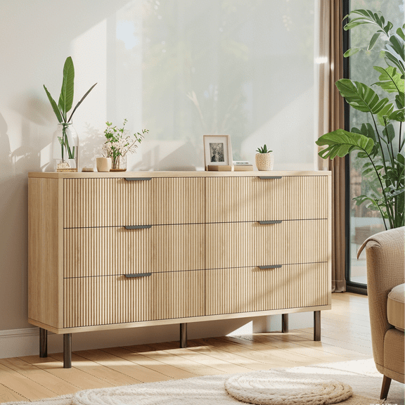 Luku Contemporary 6 Drawer Fluted Dresser, Metal Legs, Wide Wood Chest for Bedroom, Living Room