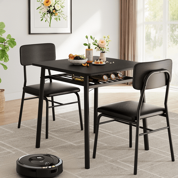 Luku Dining Table Set for 2 with Storage Rack, Small Kitchen Table & Upholstered Chairs