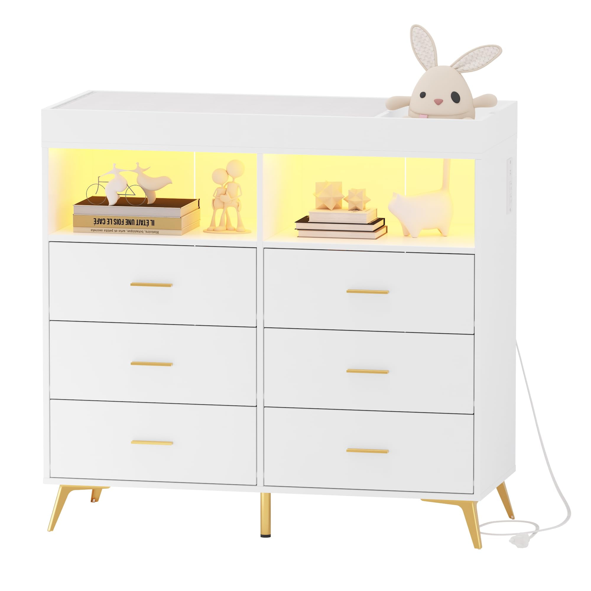 Luku Dresser for Bedroom with LED Lights and Power Outlet, Baby Changing Table Dresser with 6 Drawers, 2 Open Storage Shelves, Baby Dresser with Changing Table Top