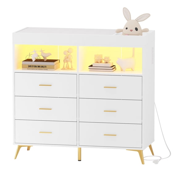 Luku Dresser for Bedroom with LED Lights and Power Outlet, Baby Changing Table Dresser with 6 Drawers, 2 Open Storage Shelves, Baby Dresser with Changing Table Top