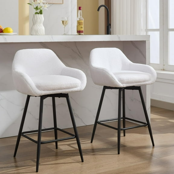 Luku Elegant 26" Counter Height Swivel Bar Stools, Set of 2, Mid-Century Modern Design with Sherpa Upholstery, Metal Frame, Ideal for Kitchen Islands and Pubs