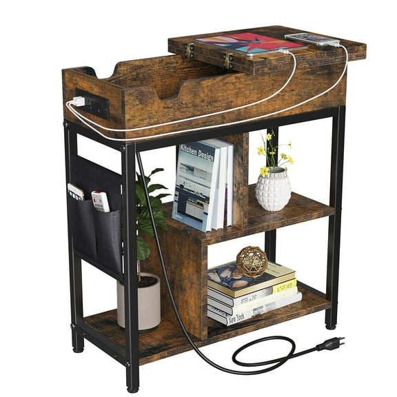 Luku End Table with Charging Station, Flip Top Side Table with USB Ports and Outlets, Sofa Table with Storage Shelves, Bedside Table for Small Space, Brown