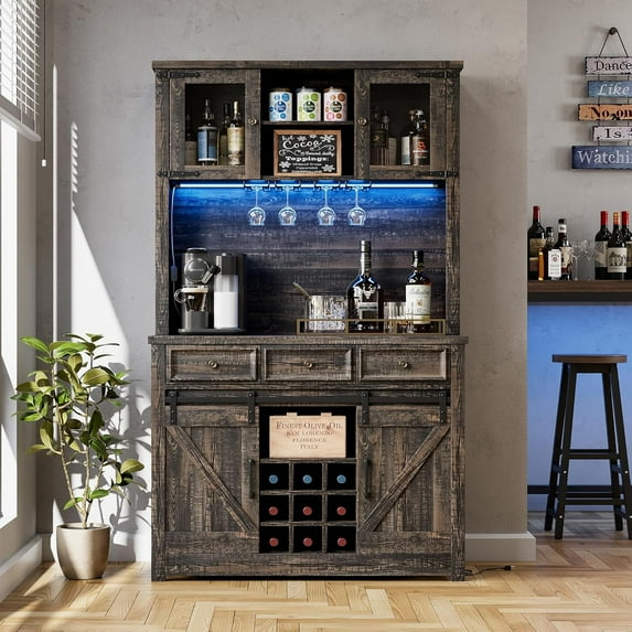 Luku Farmhouse 72'' Coffee Bar Cabinet with LED Light and Power Outlet, Large Kitchen Hutch with 3 Drawers and Wine Glass Rack, Sliding Barn Door Tall Wine Cabinet for Home Bar