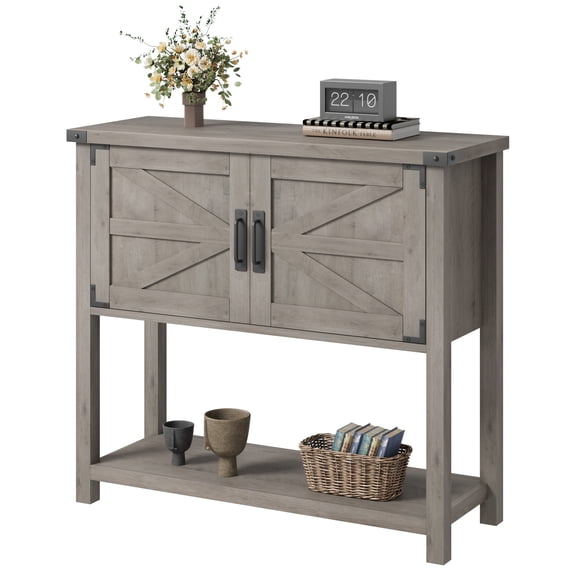 Luku Farmhouse Entryway Table with 2-Door Cabinet, Wood Console Table with Storage, Coffee Bar Cabinet, Sofa Tables Buffet Sideboard for Kitchen, Hallway, Dining, Living Room-Grey